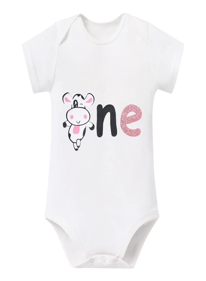 AWIBMK Baby Girl 1st Birthday Outfit Farm Cow Giraffe Romper Tutu Skirt Crown Headband Round Neck Animals Themed Cake Smash Photo Shoot Short Sleeve 3Pcs Clothes Set White + Pink Cow One 12-18M - Image 4